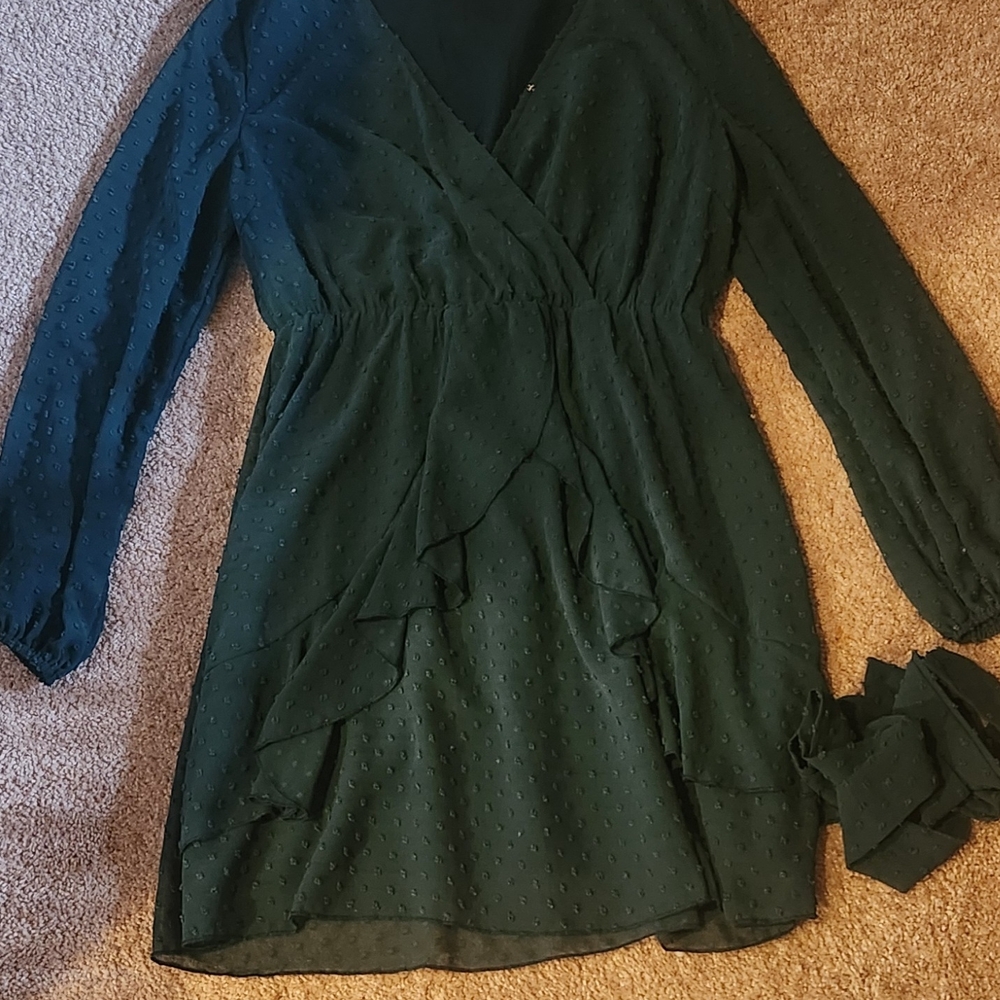 Elegant Dark Green Wrap DressSwiss Dot